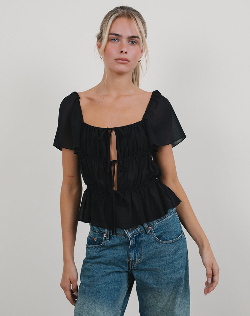 Image of Cintan Tie Front Top in Black