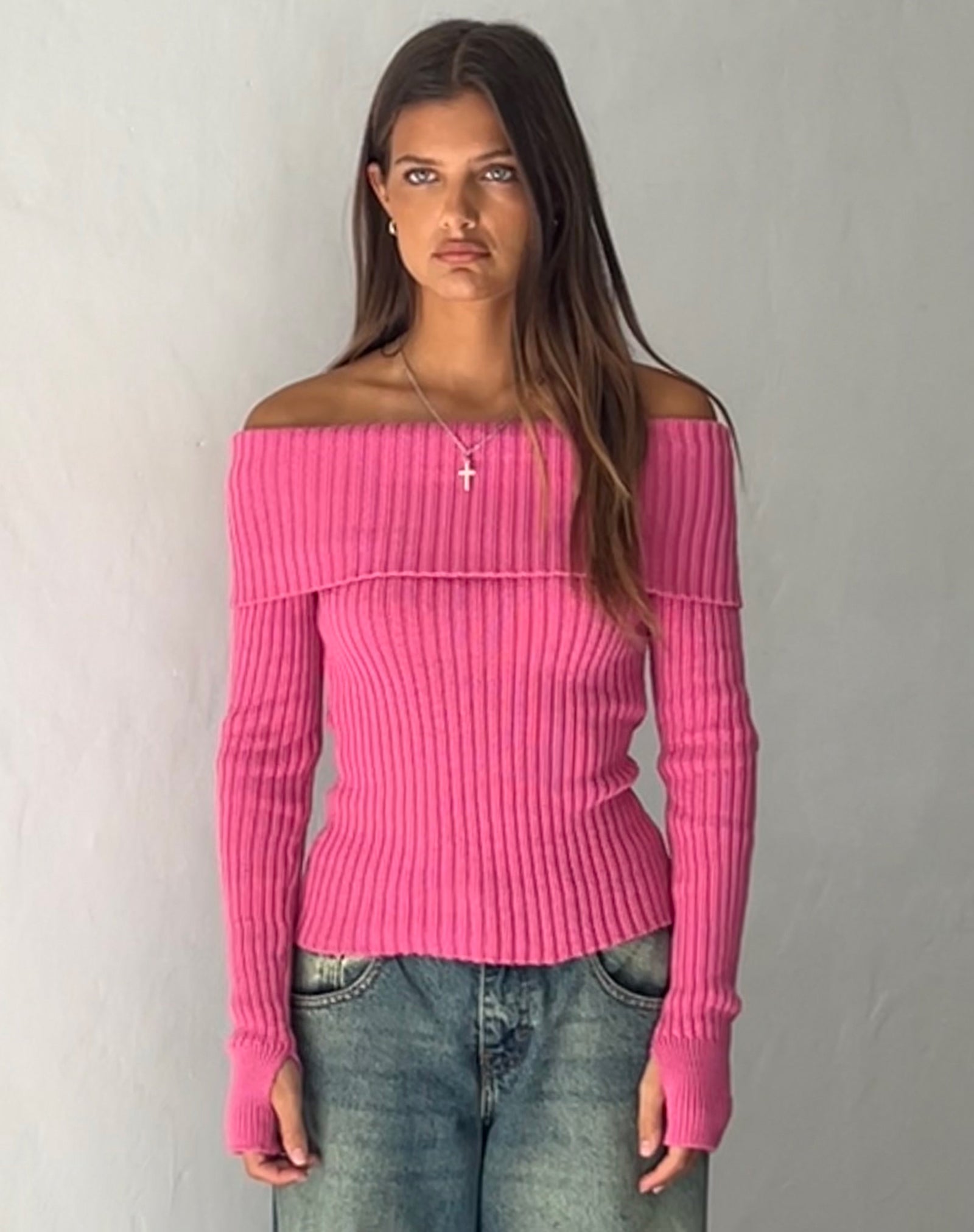 Hot Pink Off-Shoulder Long Sleeve Knit Top
