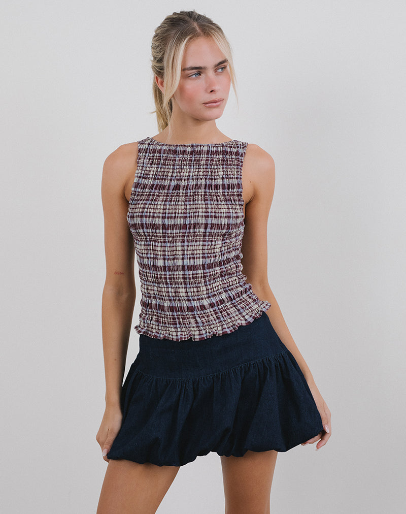 Ciripa Shirred Sleeveless Top in Multi Check Brown