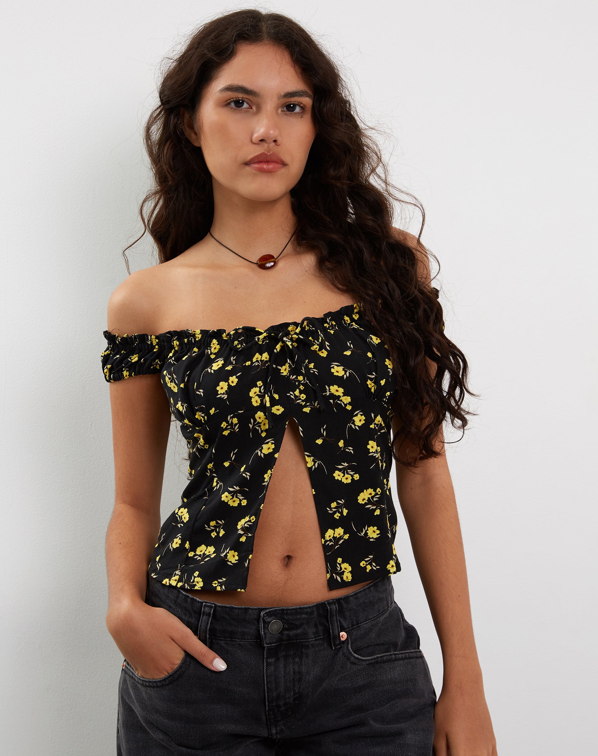 Bardot frill best sale crop top