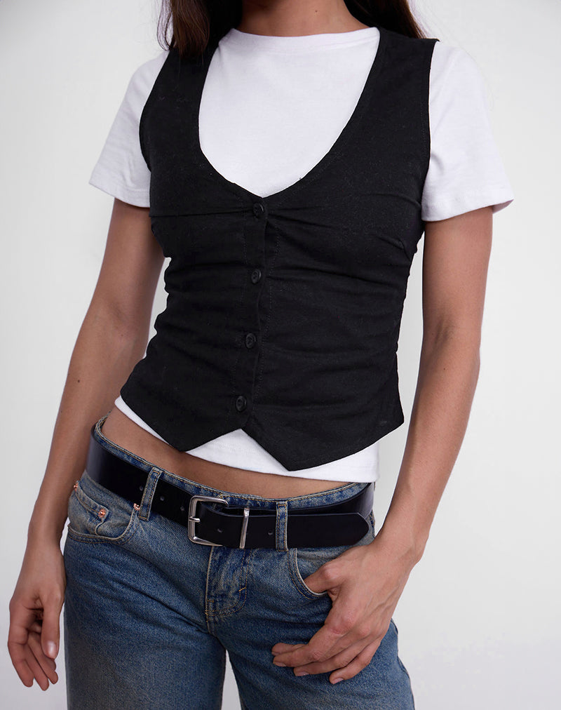 Image of Cyna Button Through Vest Top in Black Linen