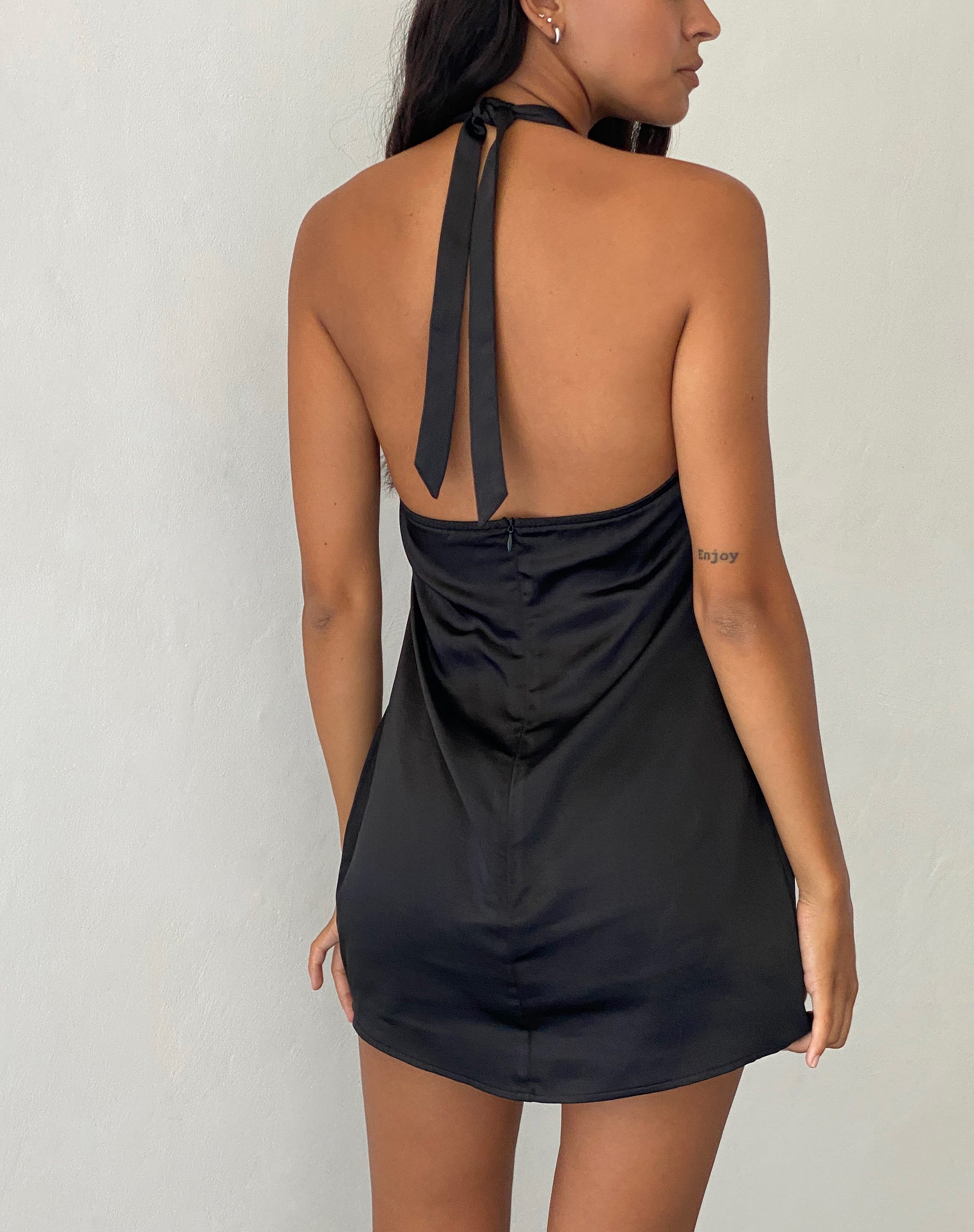 Plunge Halter Neck Satin Black Slip Dress | Coda – motelrocks.com