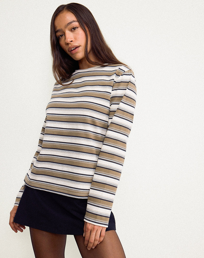 Image of Dafika Long Sleeve Jersey Top in Brown and White Stripe