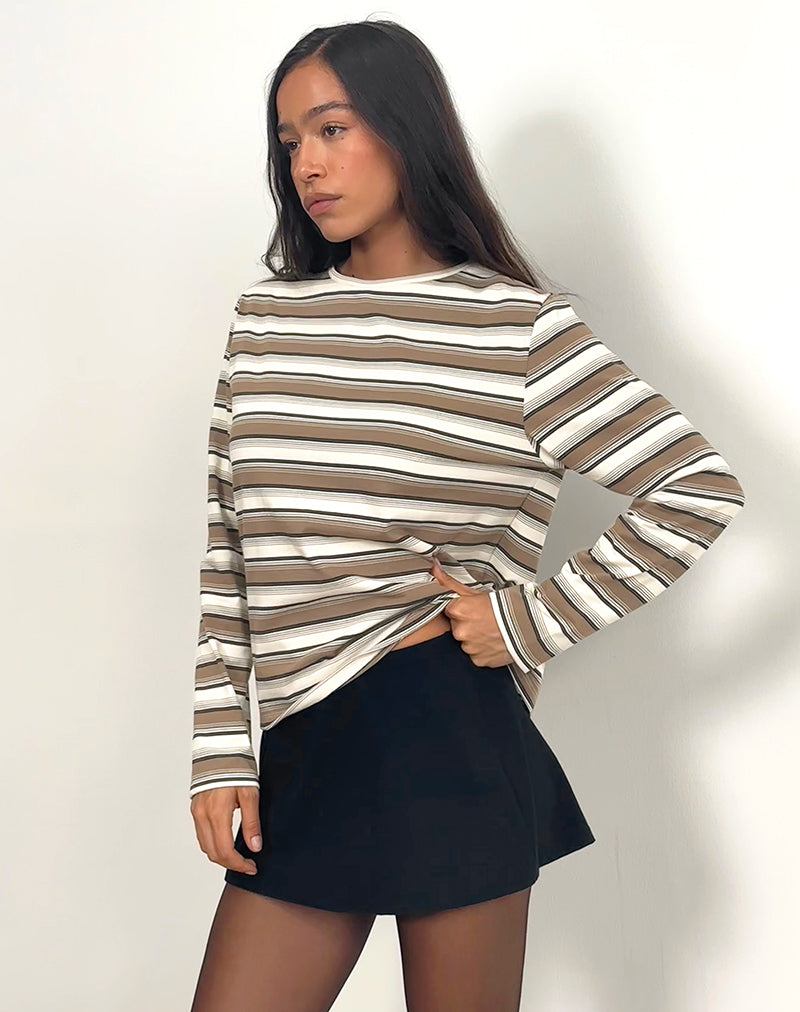 Image of Dafika Long Sleeve Jersey Top in Brown and White Stripe