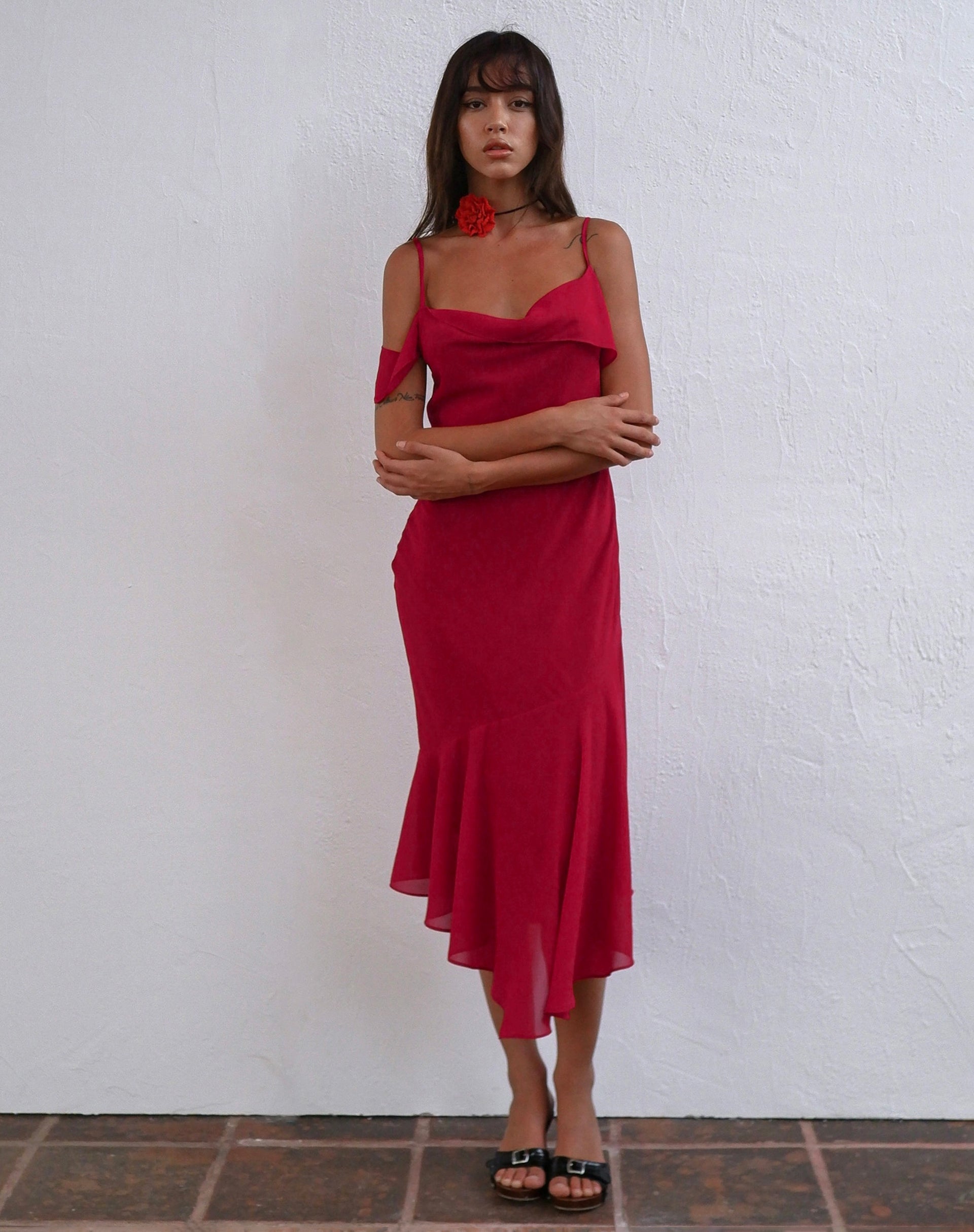 Deep red discount midi dress