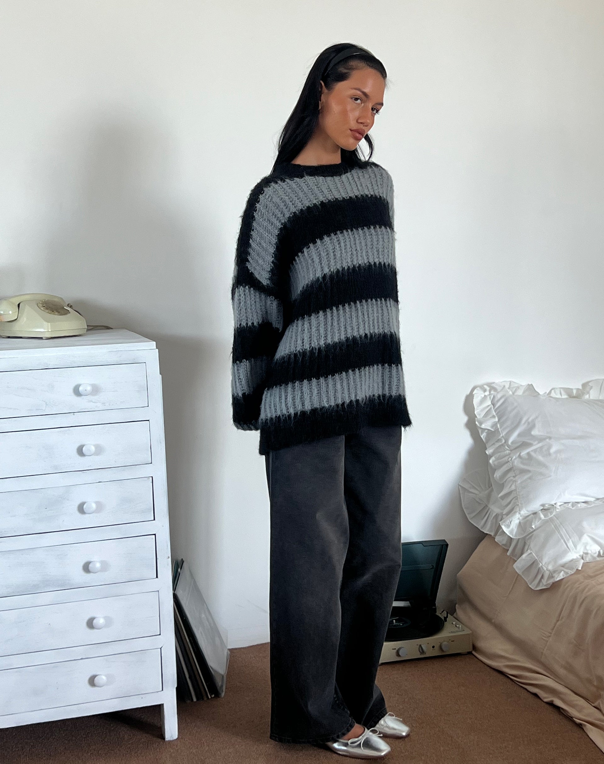 Black and shop grey striped jumper