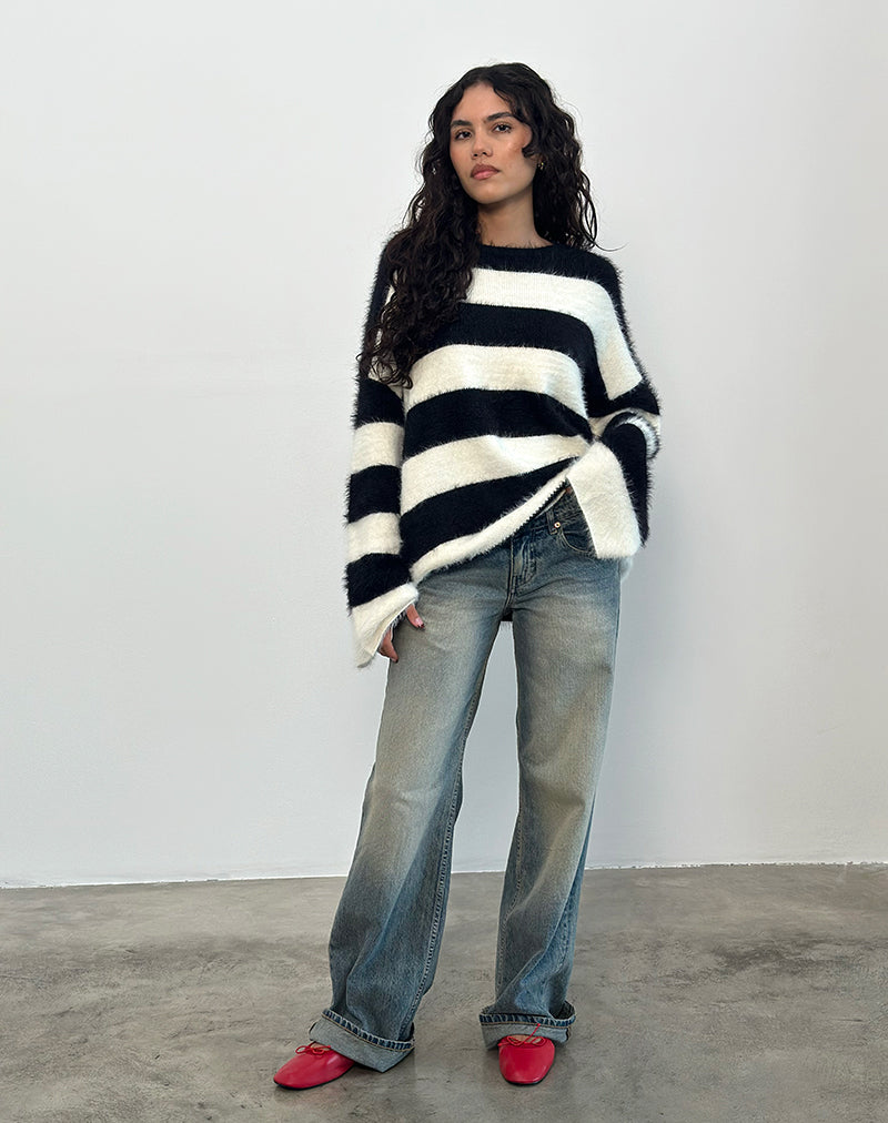 Daya Fluffy Jumper in Ivory and Black Stripe