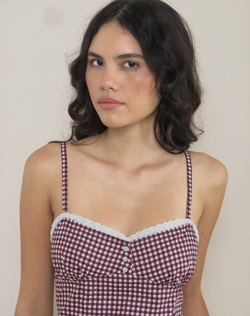 Image of Delphine Mini Cami Dress in Mini Gingham Wine with White Lace