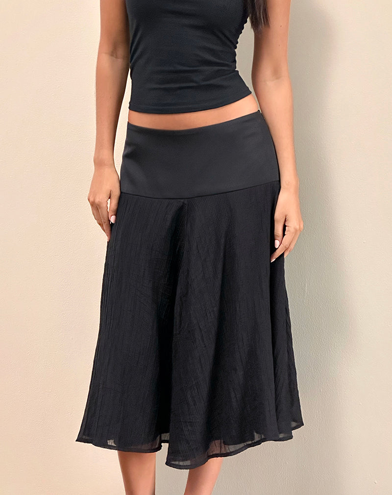 Image of Diera Satin Chiffon Midi Skirt in Black