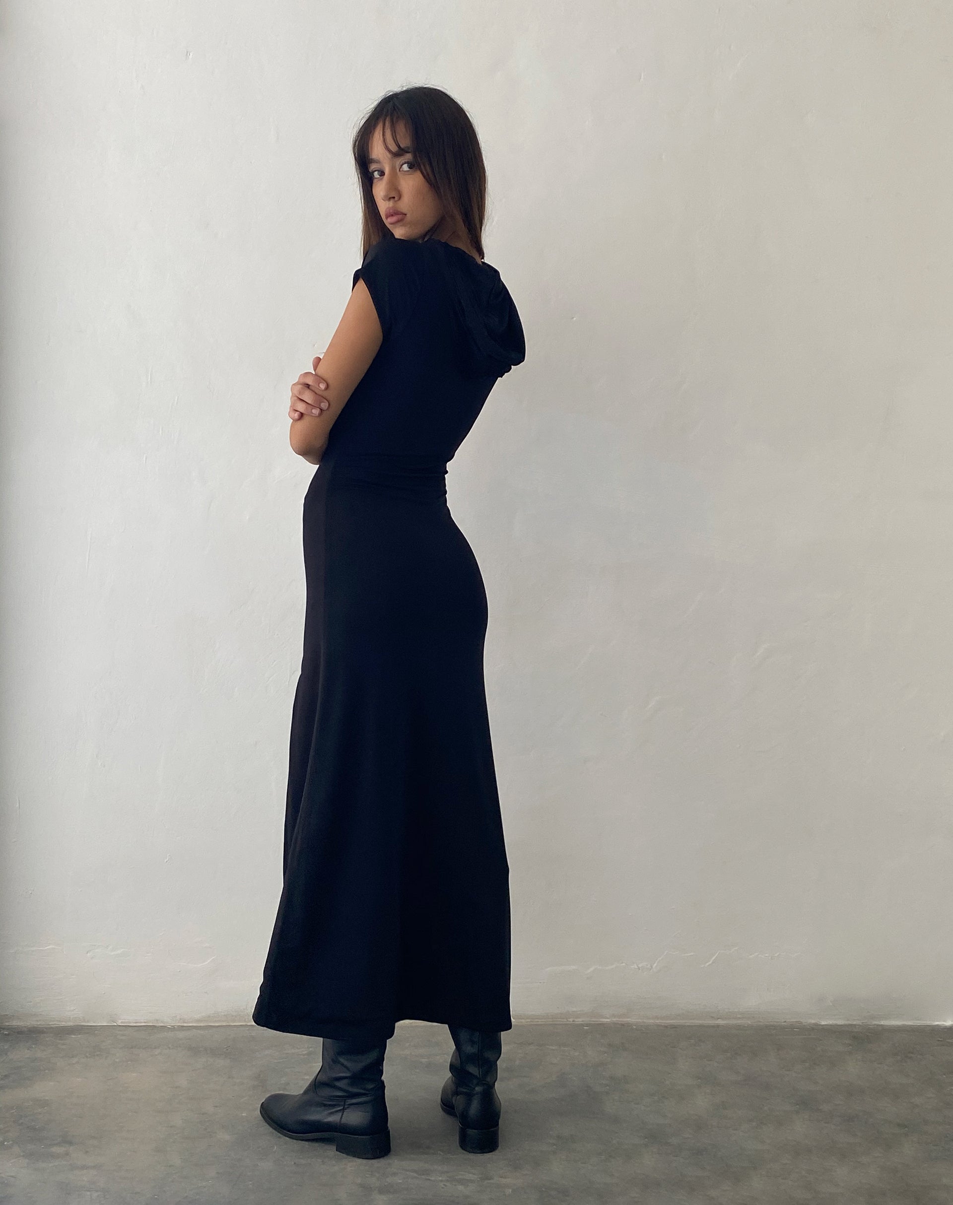 Long black hooded outlet dress