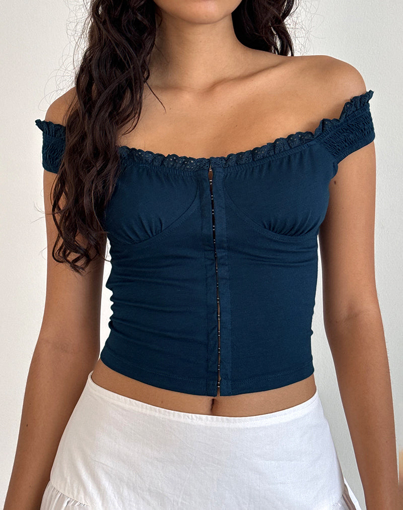 Image of Dovica Lace Trim Corset Top in Navy