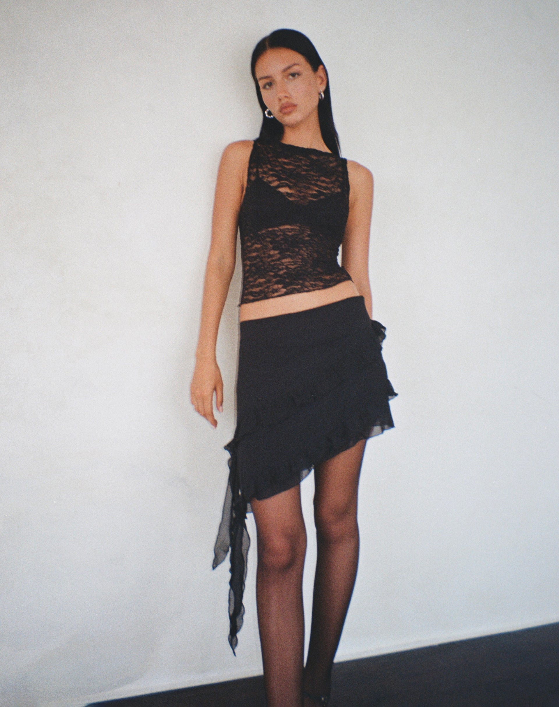 Black Chiffon Mini Ruffle Skirt Malinna motelrocks