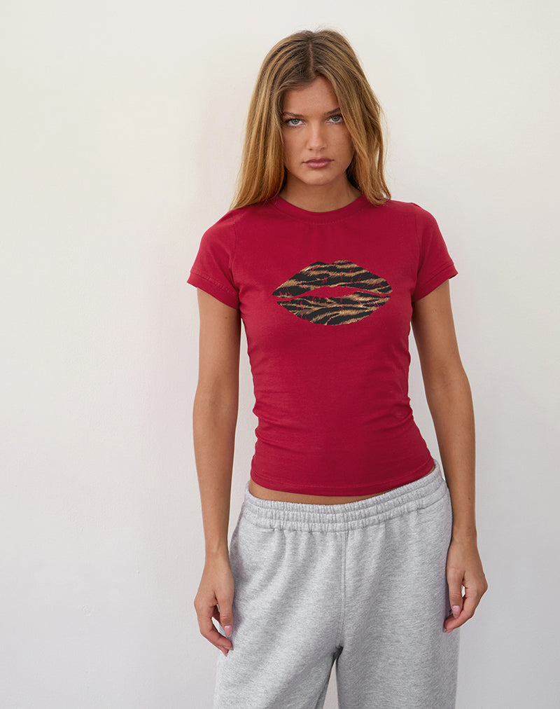 Image of Sutin Tee in Adrenaline Red with Leopard Lip Print