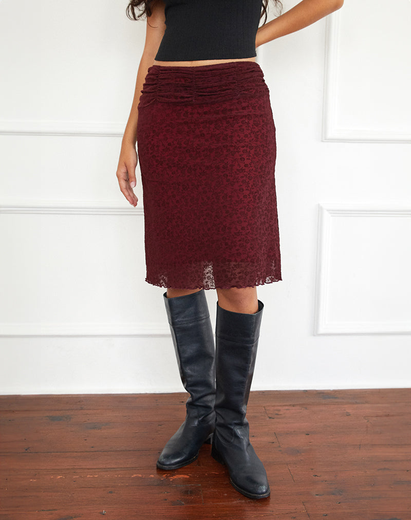 Image of Erato Midi Skirt in Ditsy Flock Burnt Maroon