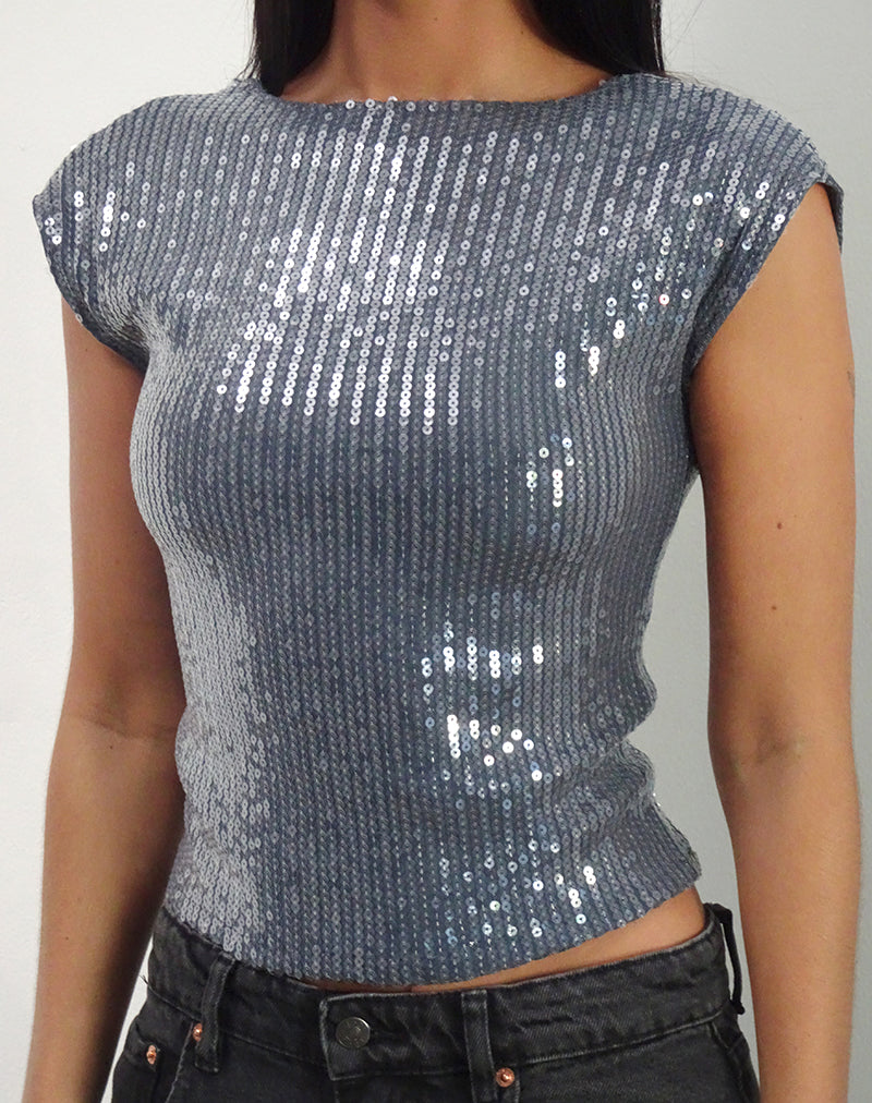 Image of Erika Low Back Top in Shimmer Sequin Charcoal