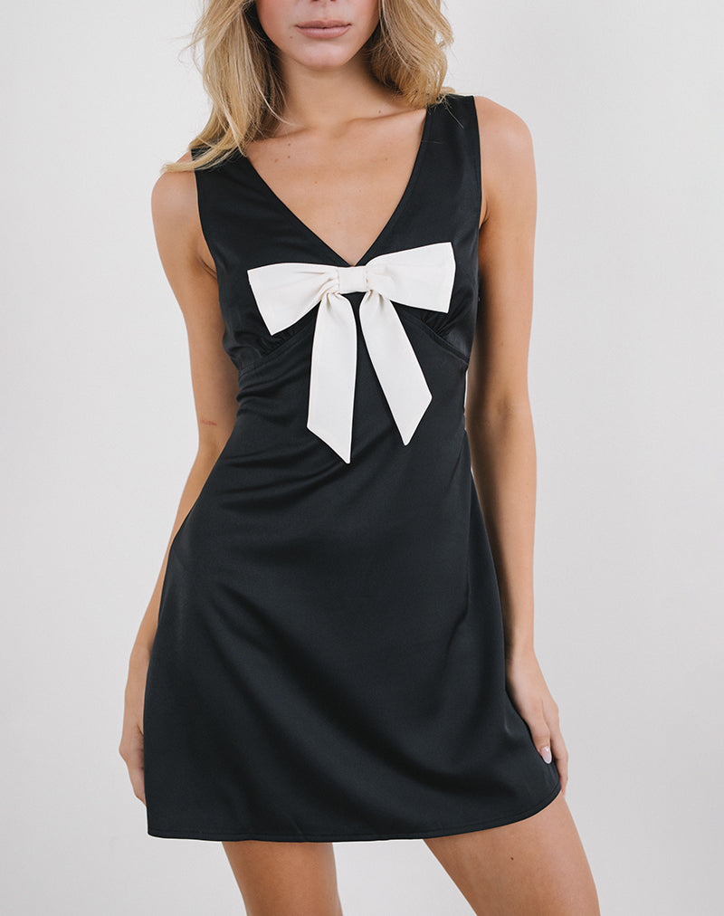 Image of Faradiba Mini Dress in Satin Black with Ivory Bow