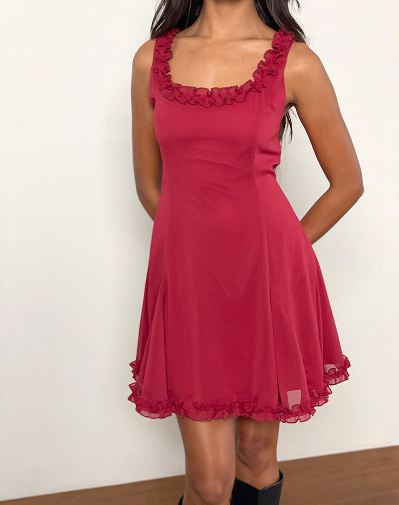 Image of Fulvia Slip Mini Dress with Ruffles in Deep Red