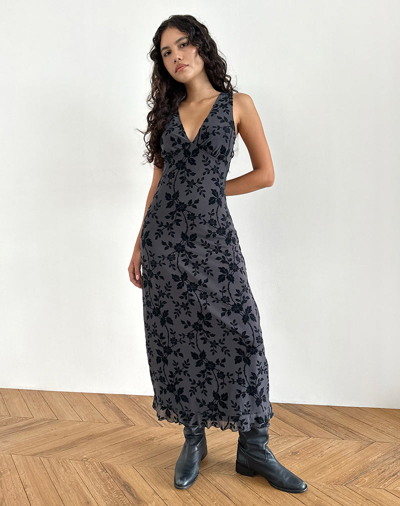 Image of Gabriela Dress in Vine Flocked Floral Ocean Storm