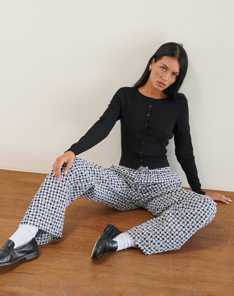 Image of Wasic Wide Leg Linen Trouser in Floral Gingham Black