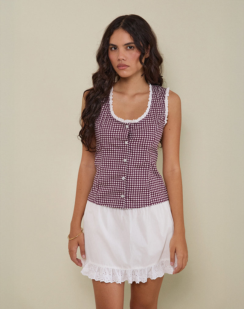 Gronita Blouse in Mini Gingham Wine with White Lace