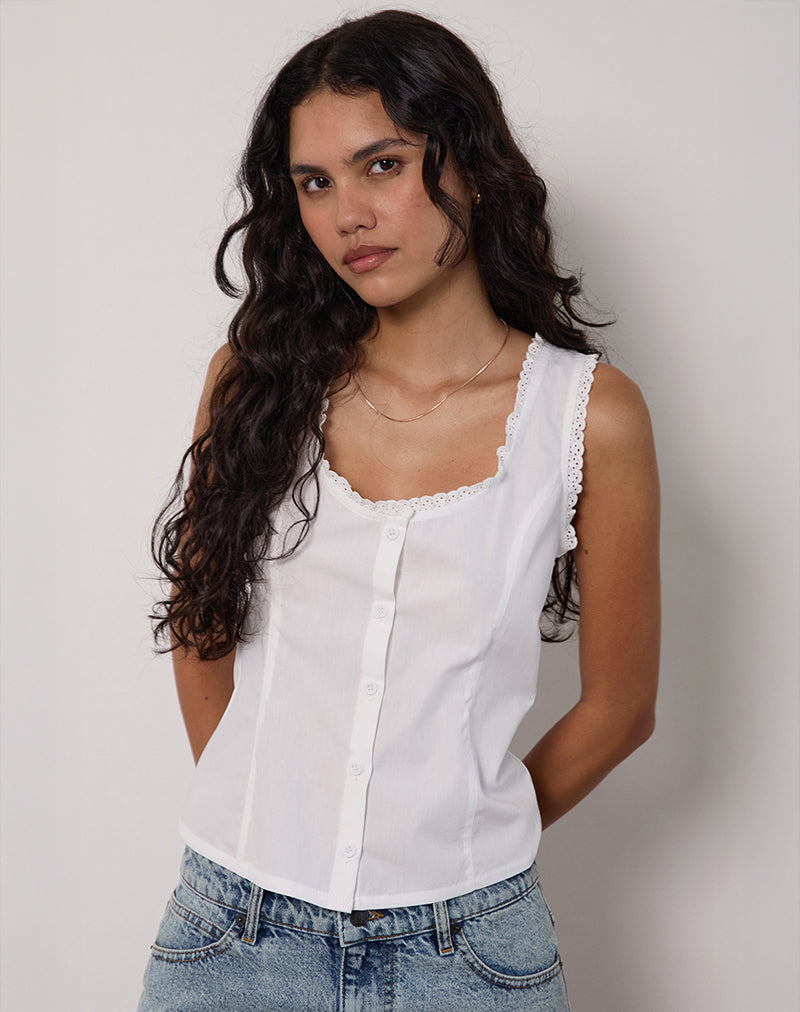 Gronita Top in Poplin White with Broderie Trim