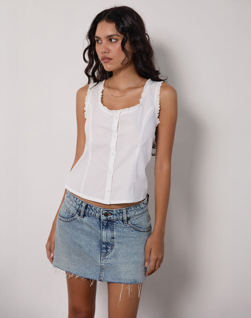 Gronita Top in Poplin White with Broderie Trim