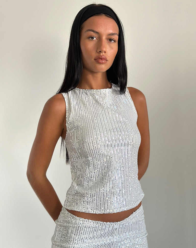 image of Hala Top in Silver Chrome Drape Mini Sequin