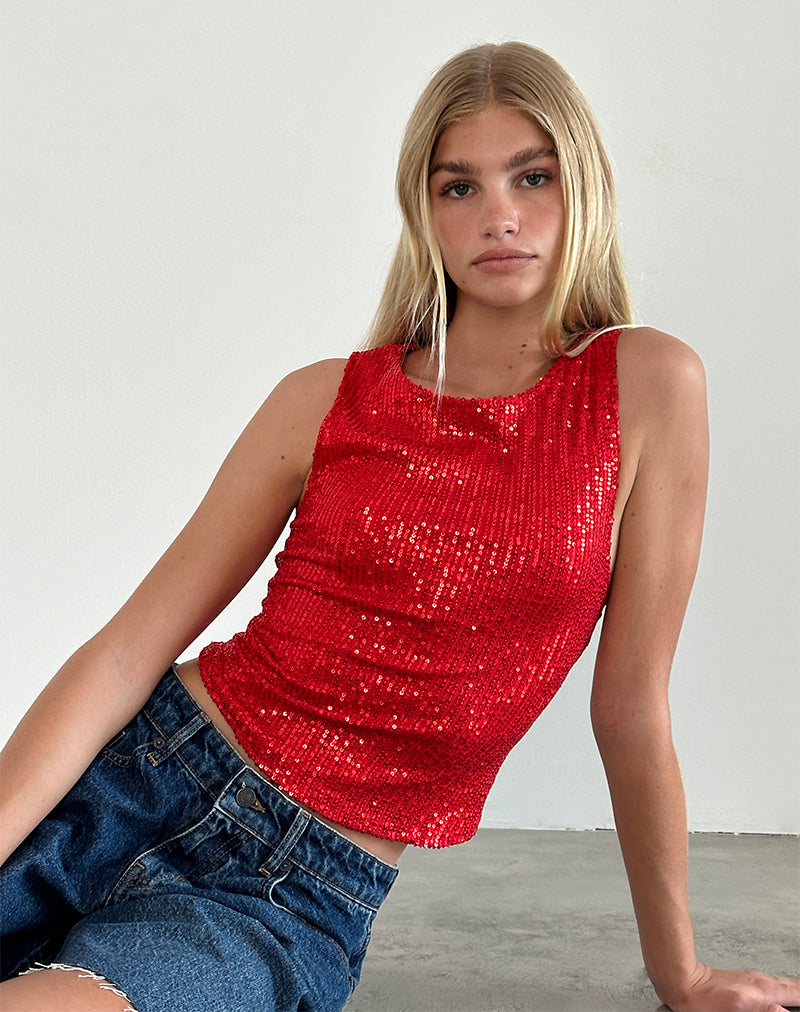 Image of Hala Vest Top in Red Drape Mini Sequin