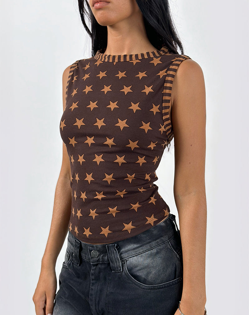 Image of Haleen Top in Brown Star Stripe with Binding