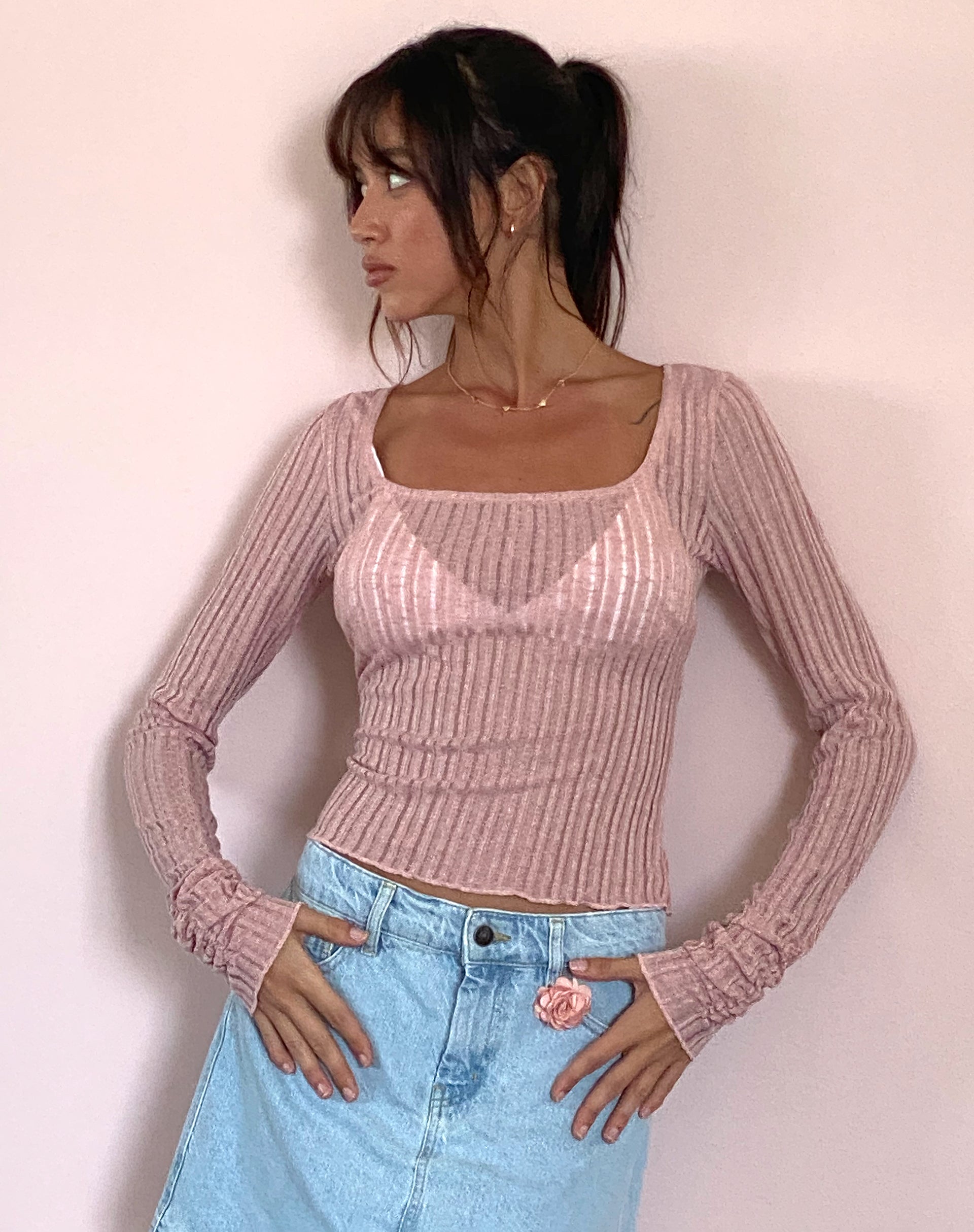 image of Halsey Knitted Extra Long Sleeve Top in Pink