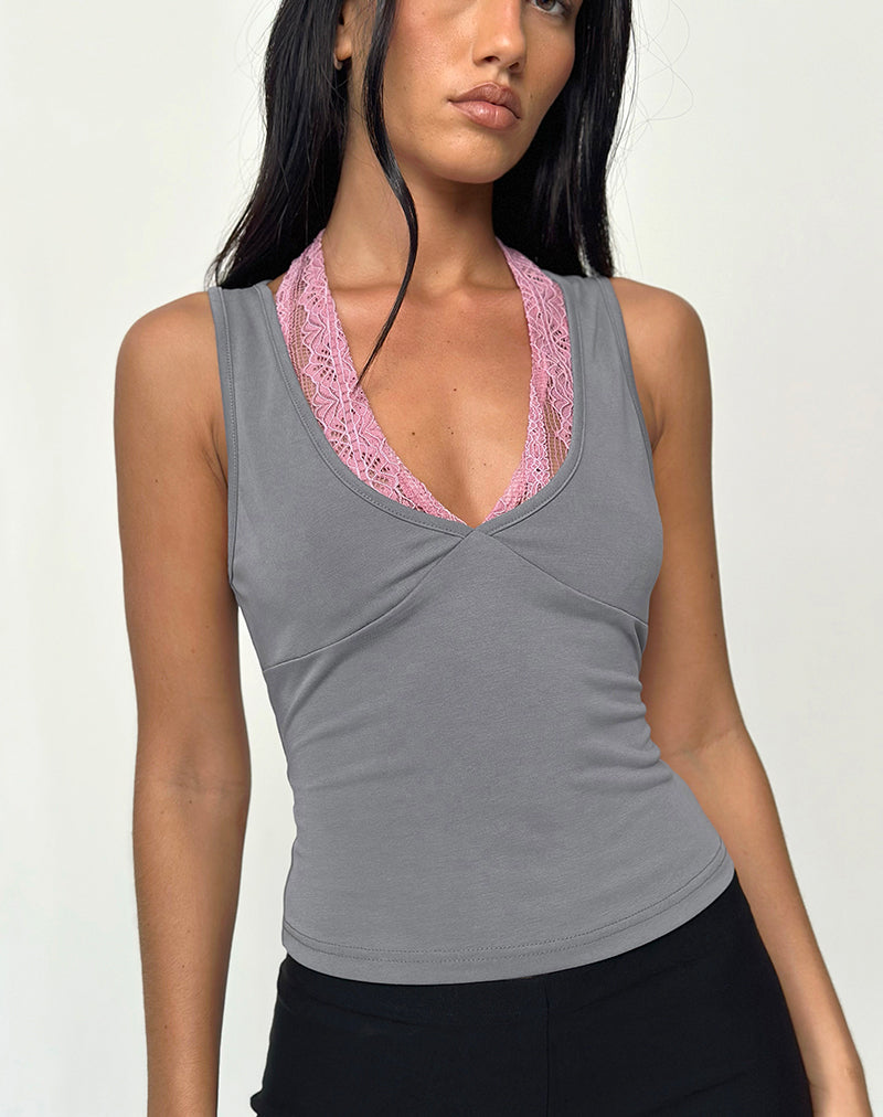 Helma Halterneck Top in Grey with Pink Lace