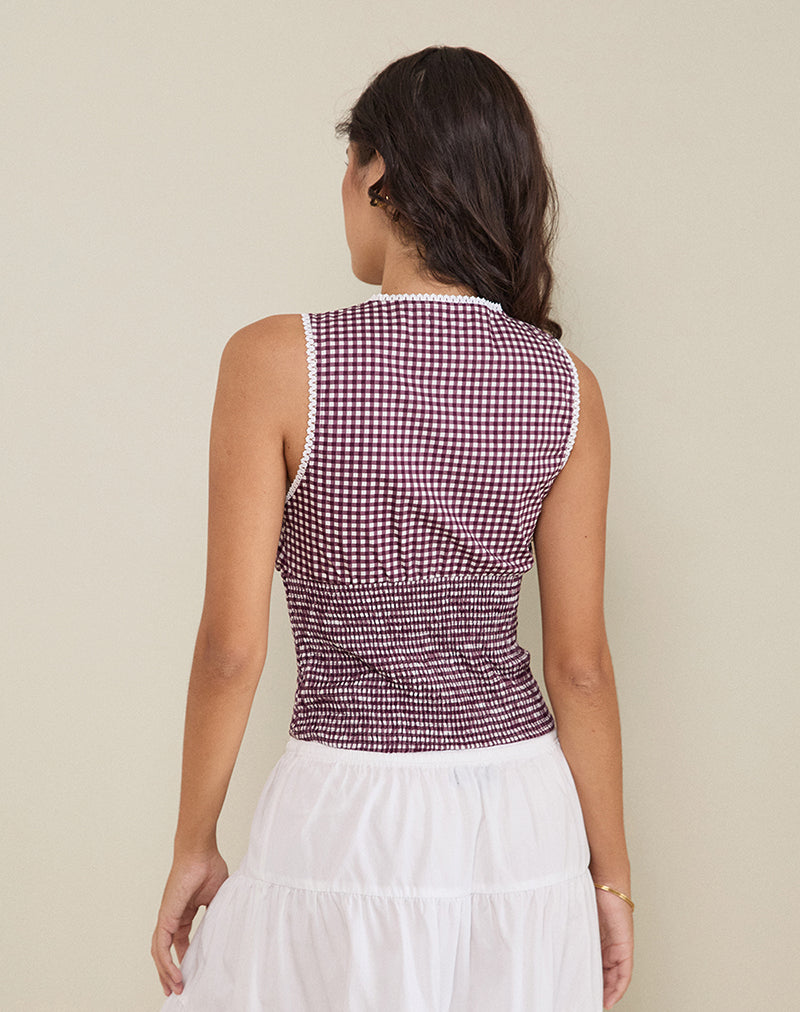 Image of Hevalis Plunge Top in Mini Gingham Wine