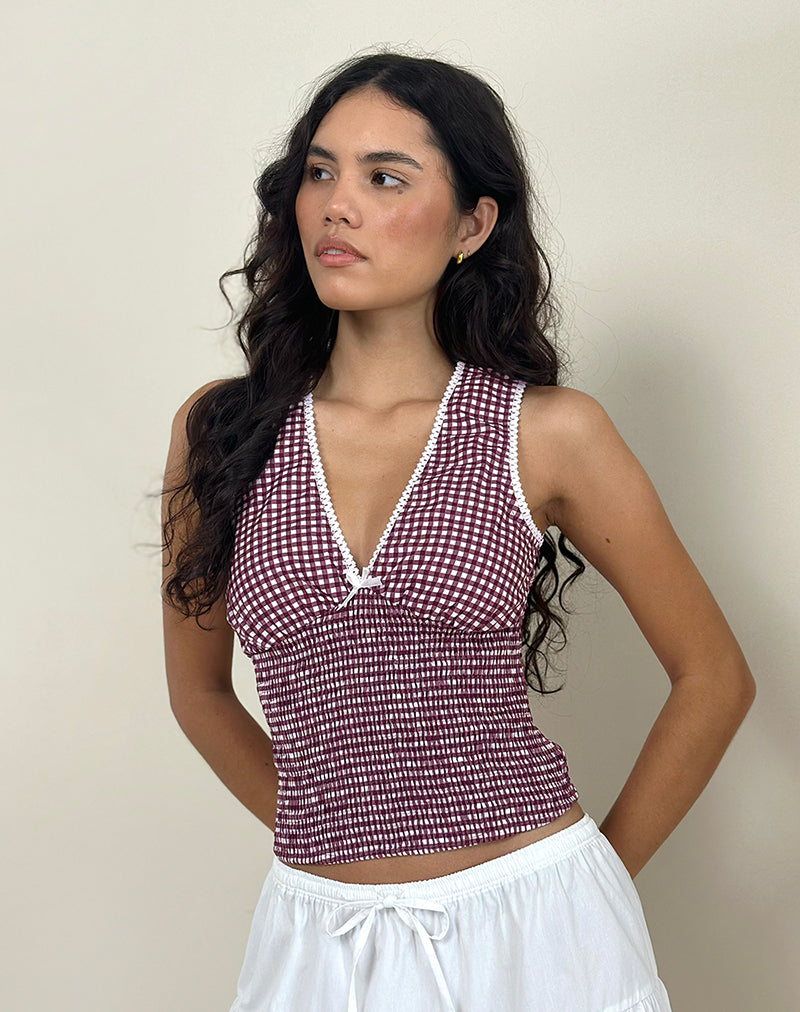 Image of Hevalis Plunge Top in Mini Gingham Wine