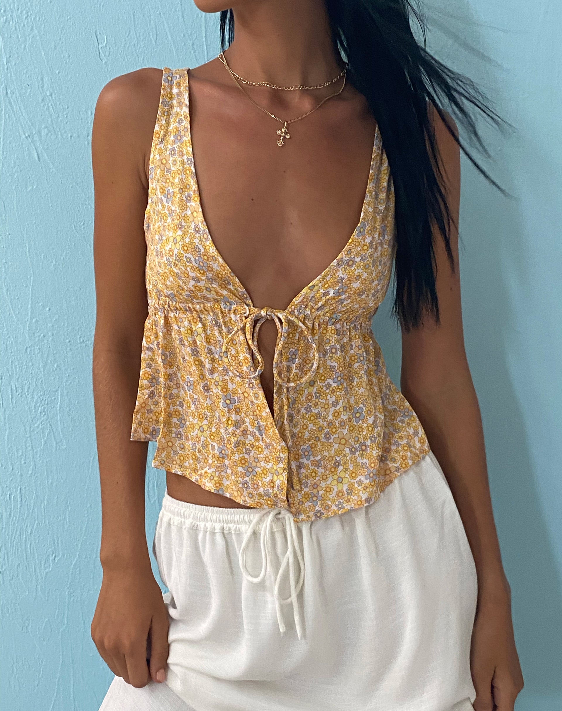 Yellow floral hot sale tie front top