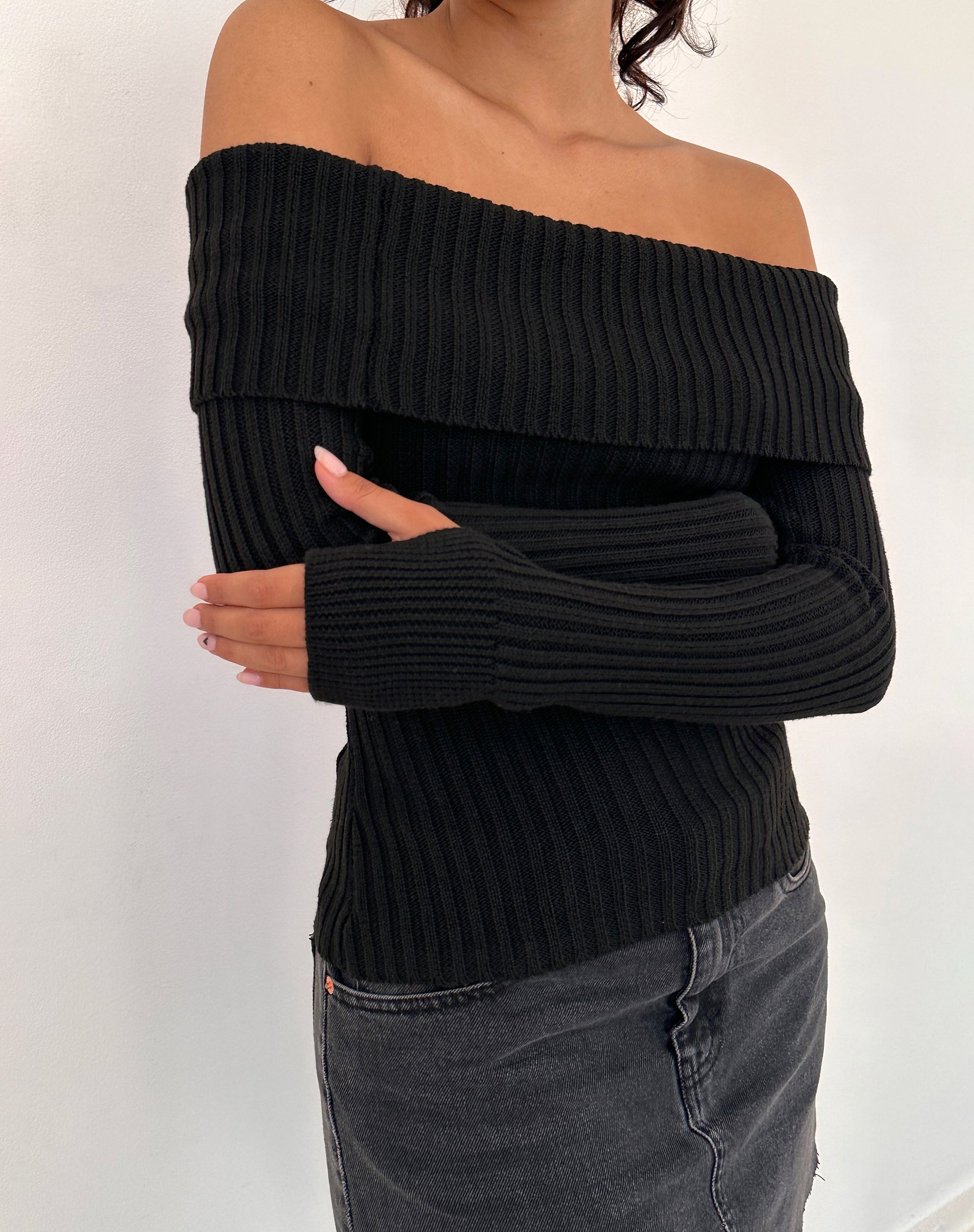 Long black off 2025 the shoulder sweater