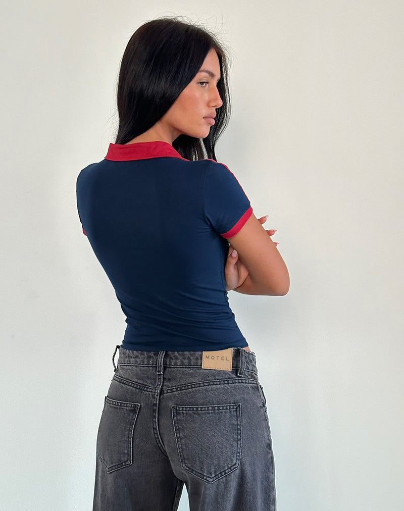 Image of Isda Top in Navy with Adrenaline Red Binding and M Embroidery