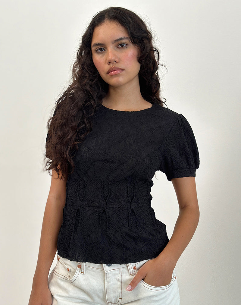 Image of Jaina Puff Sleeve Top in Textured Black