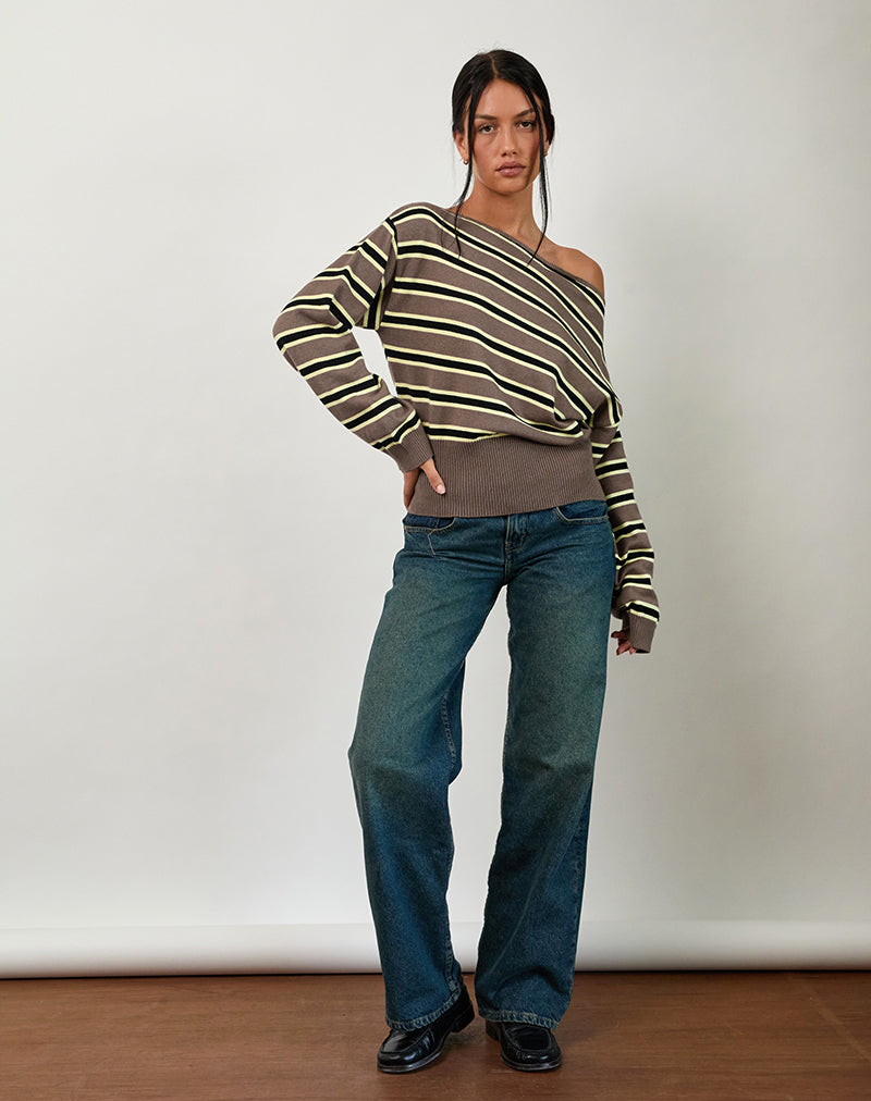 Jalira Asymmetric Cinch Jumper in Stripe Brown and Yellow