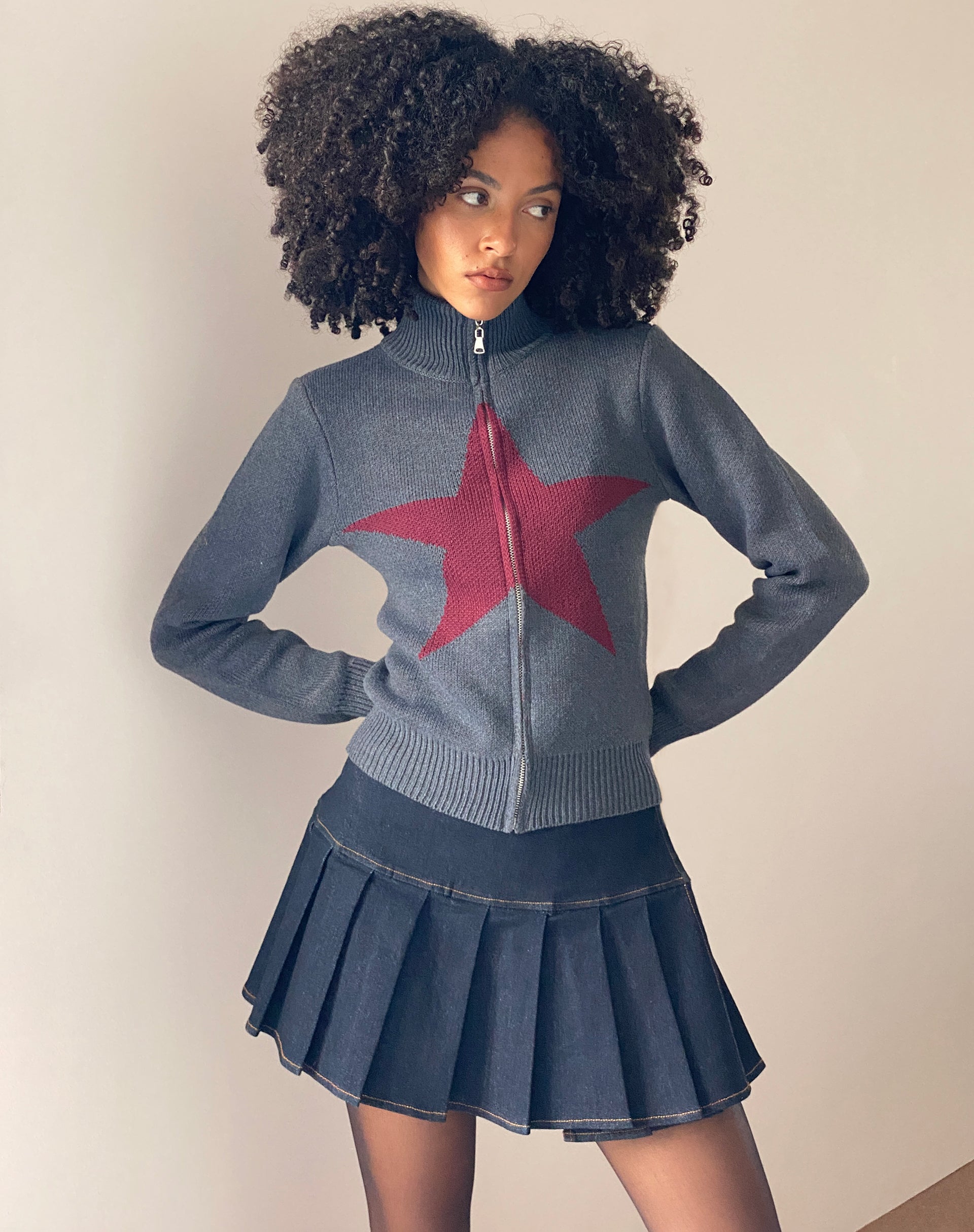 Image of Jimena Zip Through Cardigan in Grey with Burgundy Star Motif