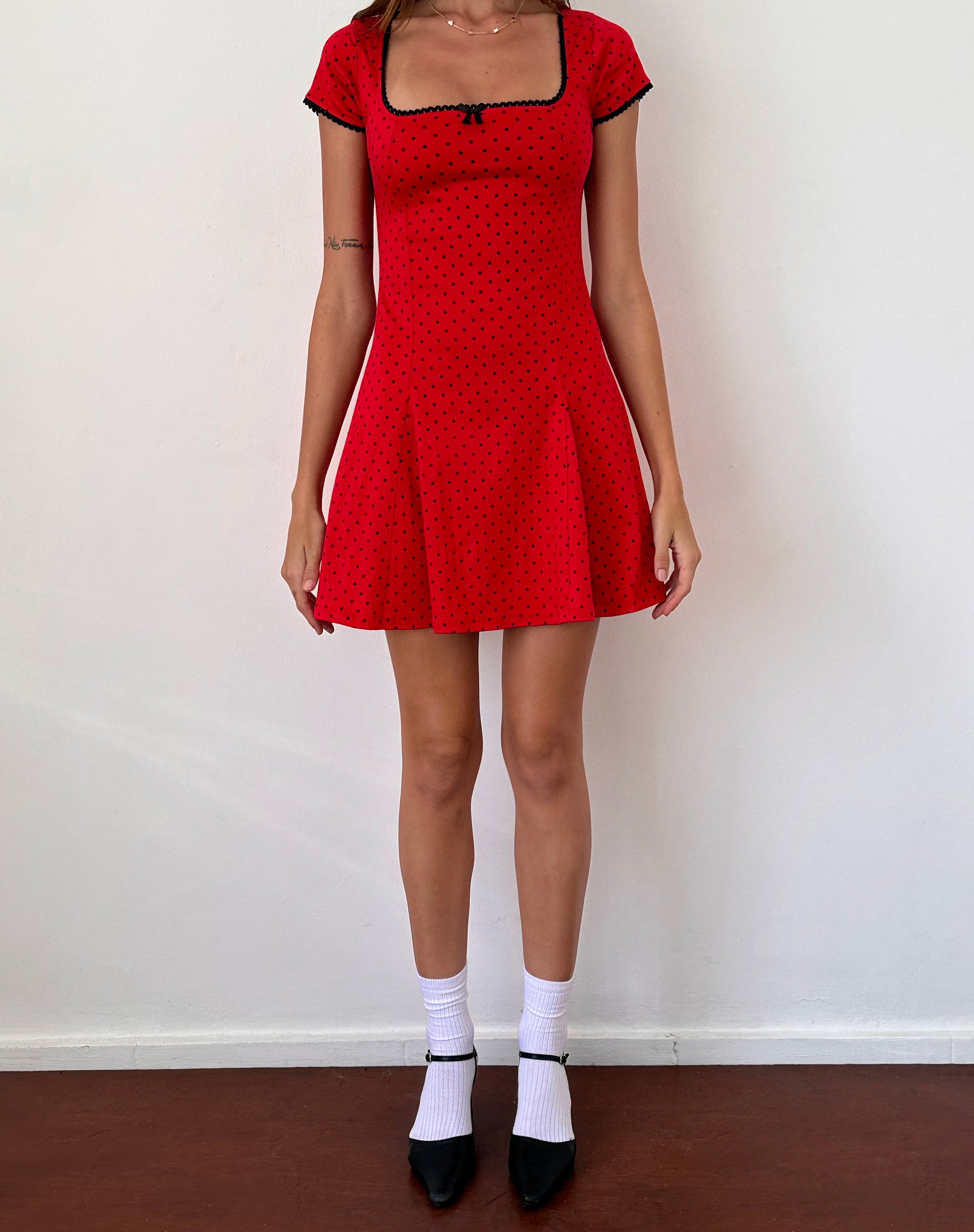 Image of Jinae Pleat Detail Mini Dress in Red Polka Sateen