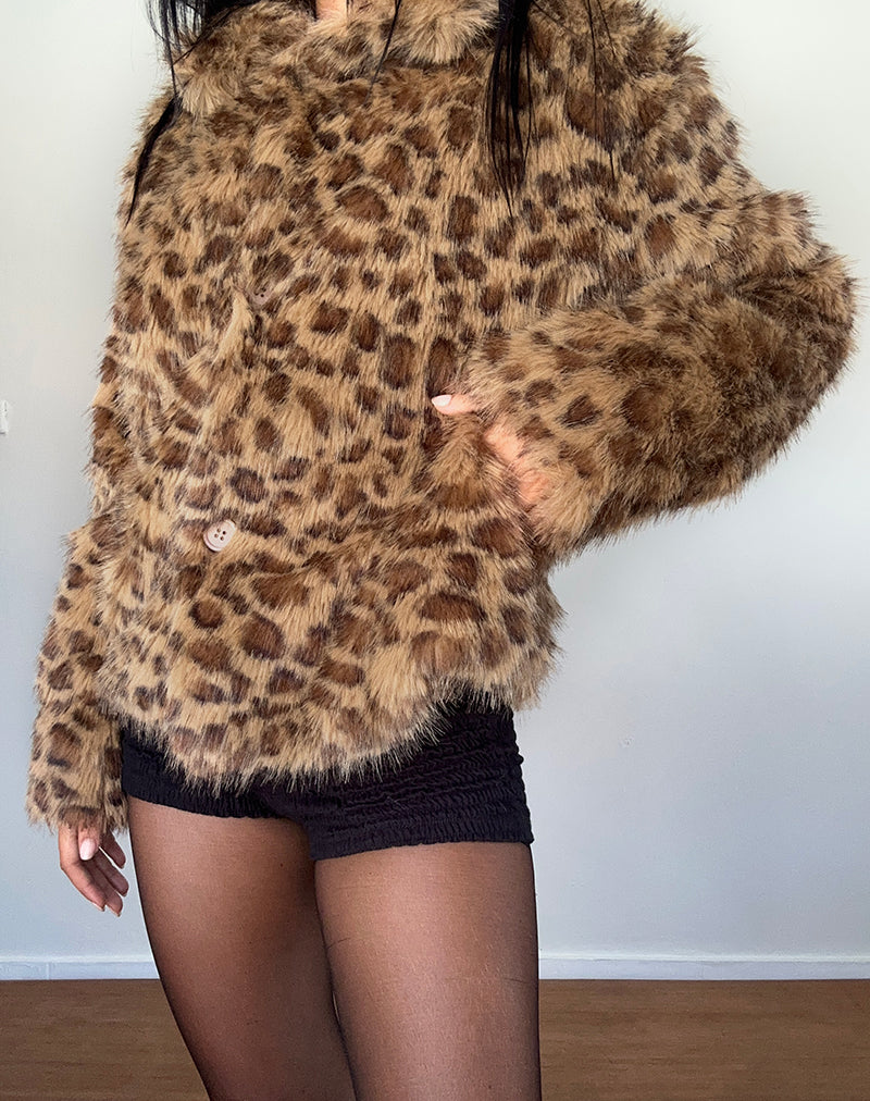 Leopard Brown Crop Faux Fur Jacket | Joji – motelrocks.com