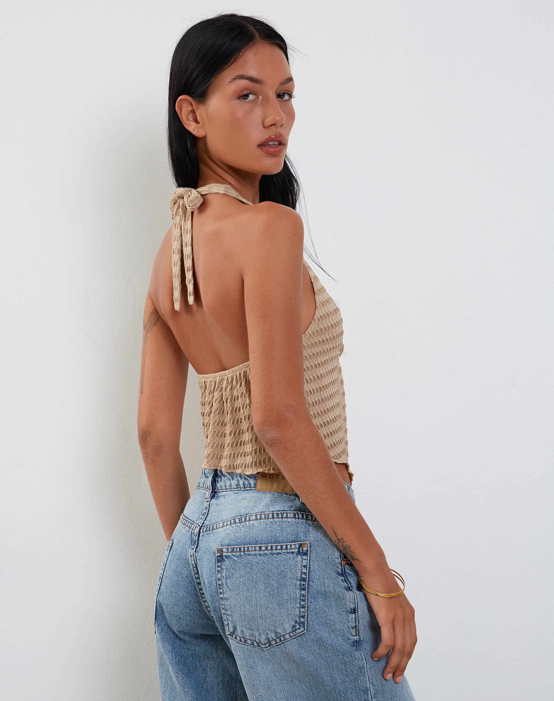 Waffle Knit Halter Top with Backless Tie