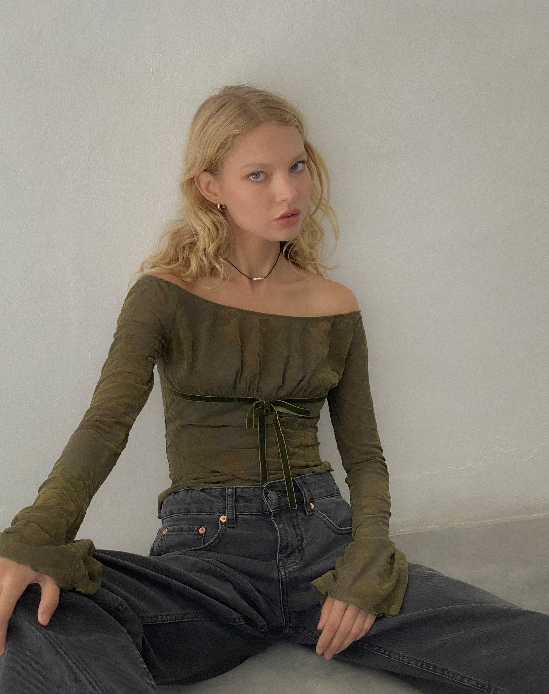 Dark green bardot store top