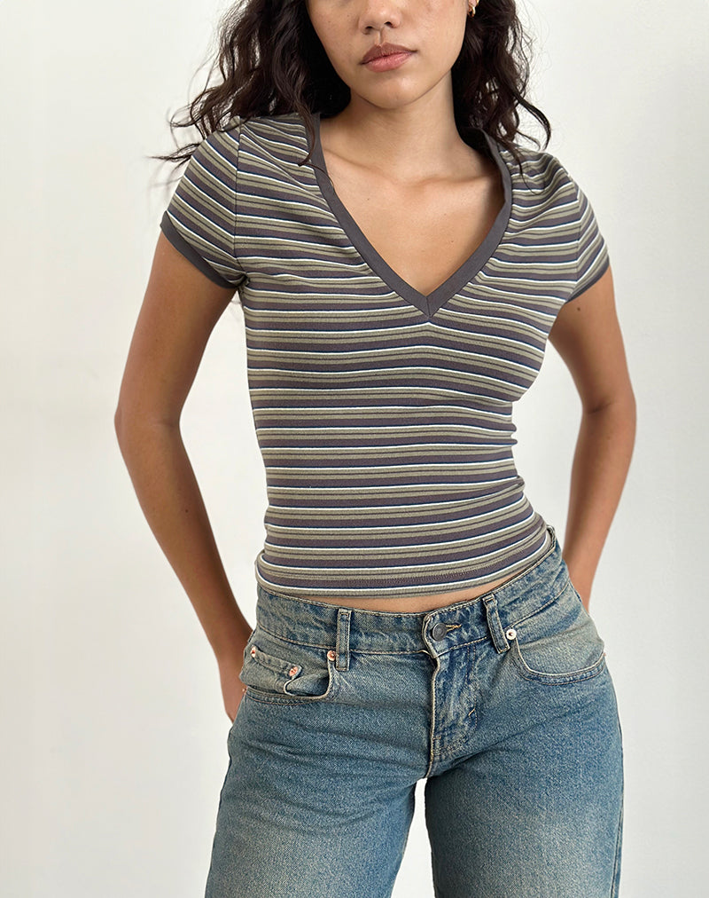 Image of Image of Keiko Top in Stripe Jersey Brown Army