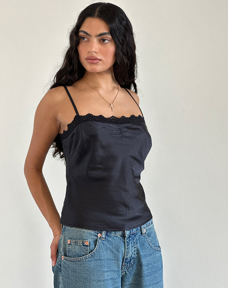 Kira Top in Satin Black with Black Lace