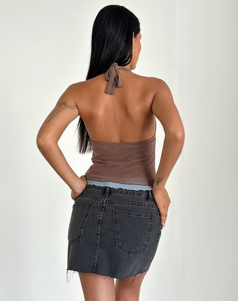 Image of Kubra Halter Top in Mesh Brown and Light Blue
