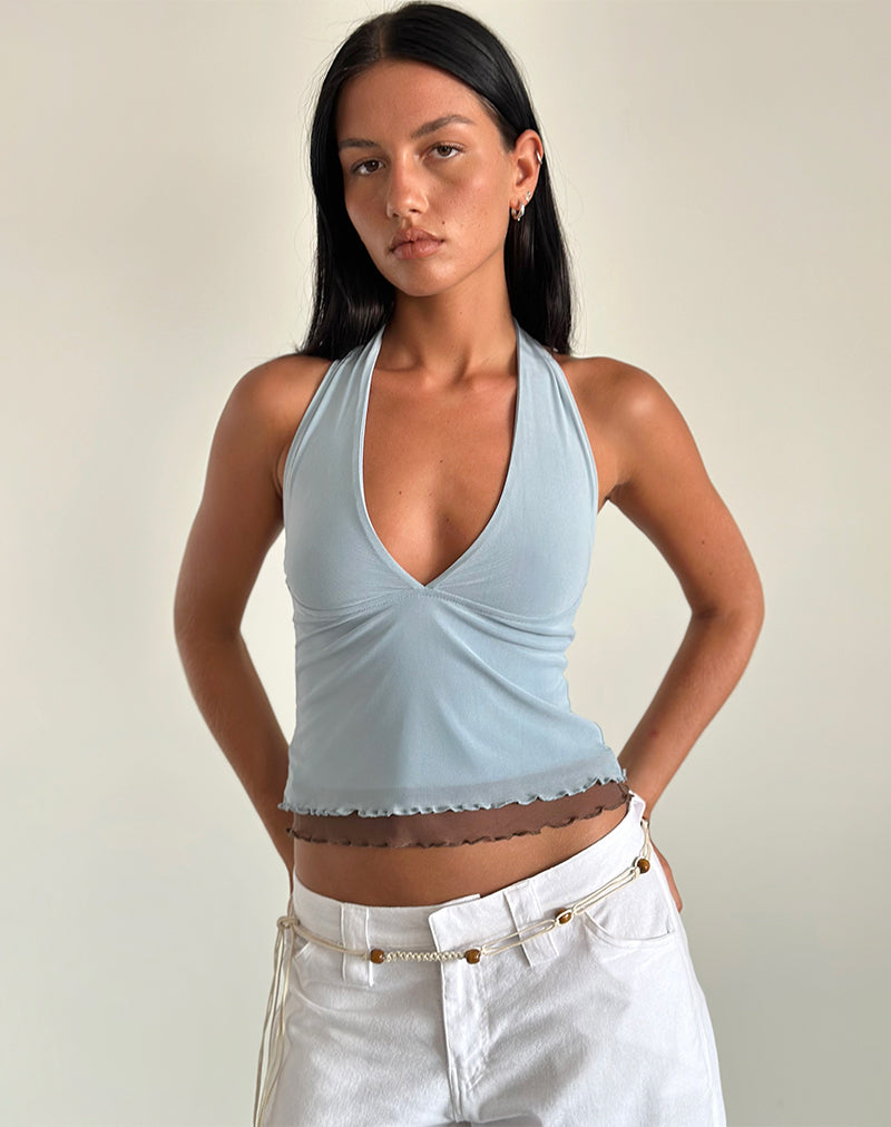 Image of Kubra Halter Top in Mesh Light Blue and Brown