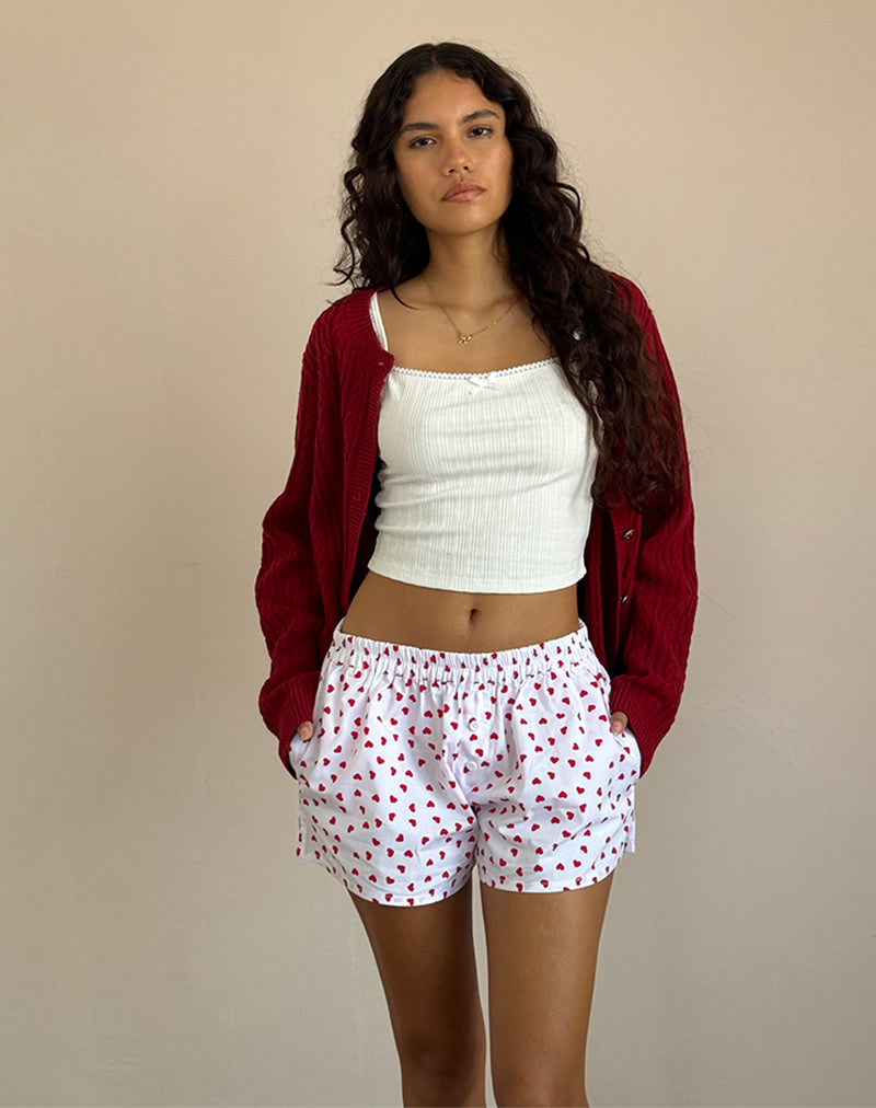 Red store heart shorts