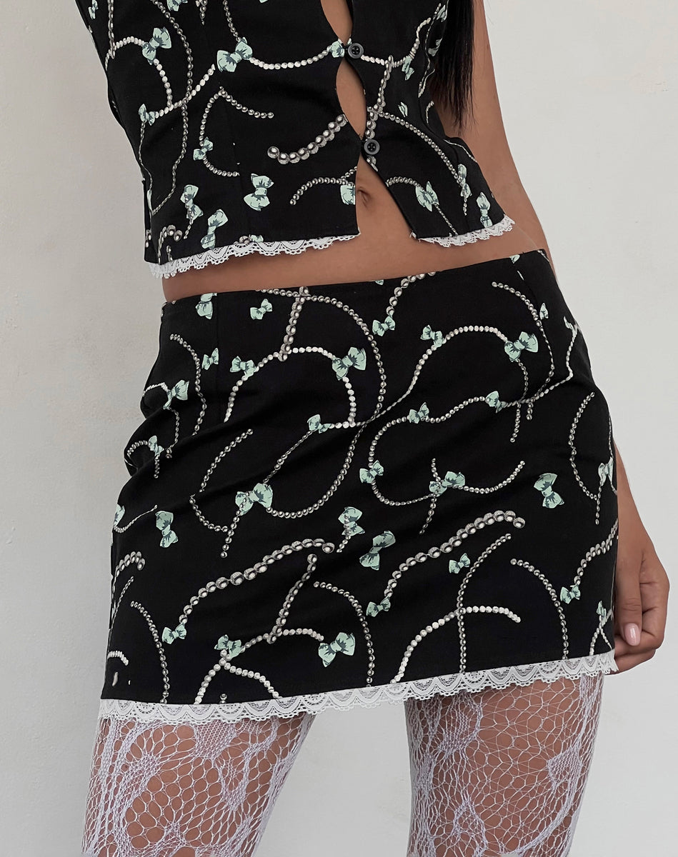 Black Mini Skirt with Pearl and Bow Print | Molen – motelrocks.com