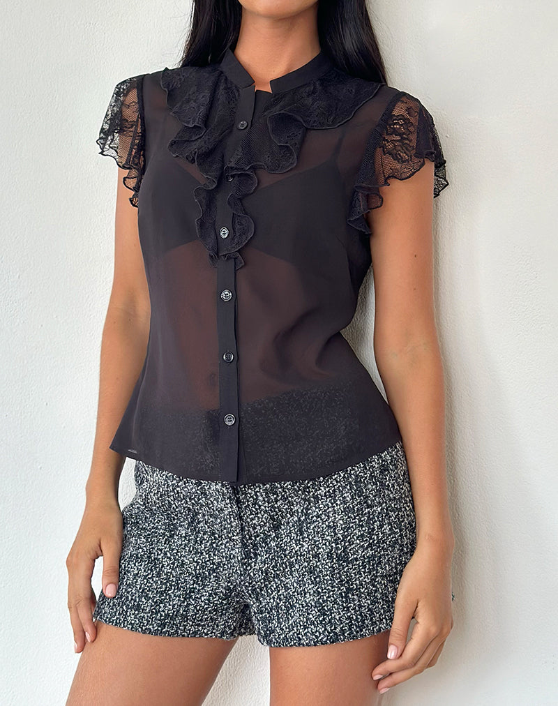 Image of Lada Blouse in Black Chiffon with Lace Trim